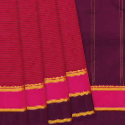 Crimson Handloom Kanchipuram Silk Saree With Stripes-Crimson