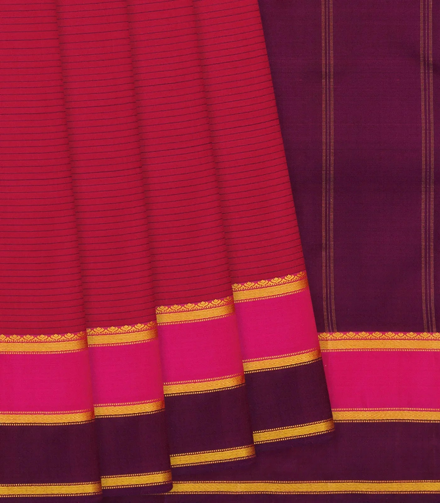 Crimson Handloom Kanchipuram Silk Saree With Stripes-Crimson