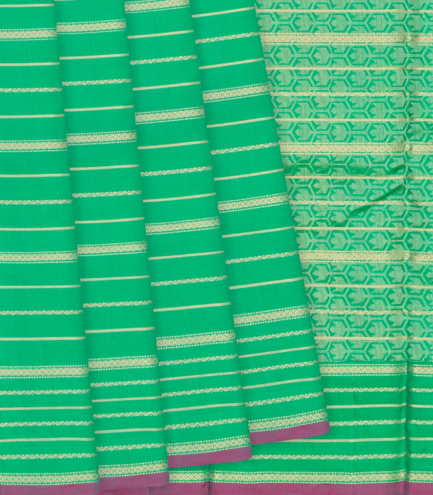 Green Kanchipuram Silk Saree With Beldari Stripes -Green