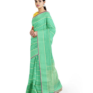 Green Kanchipuram Silk Saree With Beldari Stripes -Green