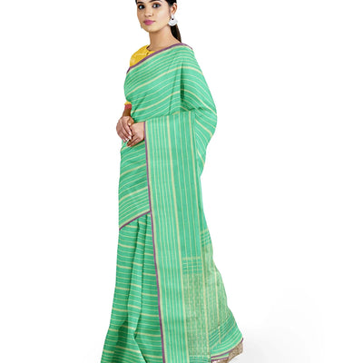 Green Kanchipuram Silk Saree With Beldari Stripes -Green