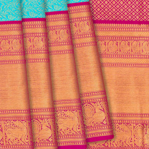 Turquoise Handloom Kanchipuram Korvai Silk Saree With Floral Vine Motifs-Turquoise