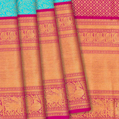 Turquoise Handloom Kanchipuram Korvai Silk Saree With Floral Vine Motifs-Turquoise