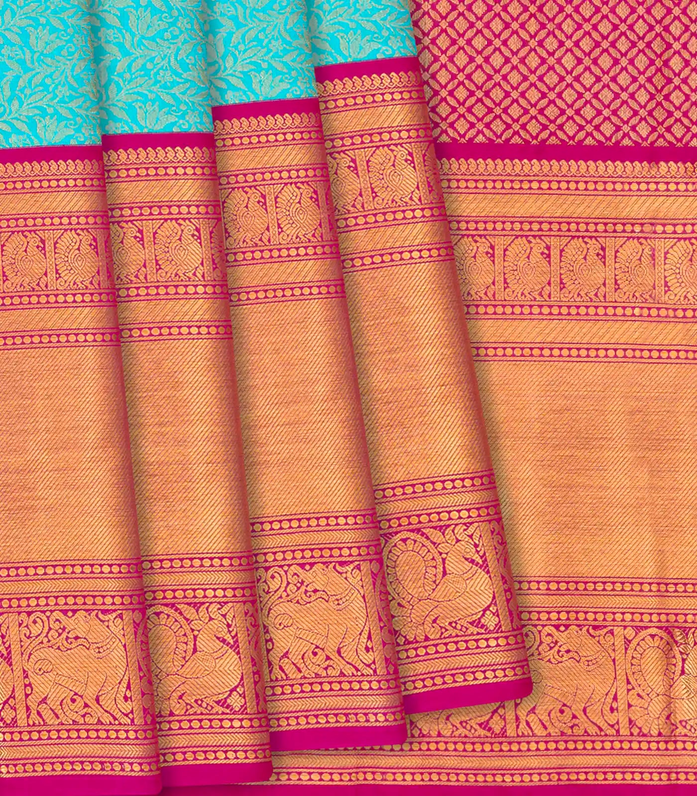 Turquoise Handloom Kanchipuram Korvai Silk Saree With Floral Vine Motifs-Turquoise