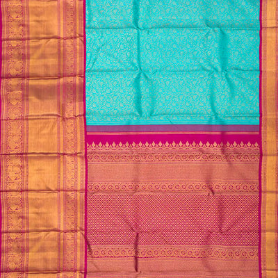 Turquoise Handloom Kanchipuram Korvai Silk Saree With Floral Vine Motifs-Turquoise