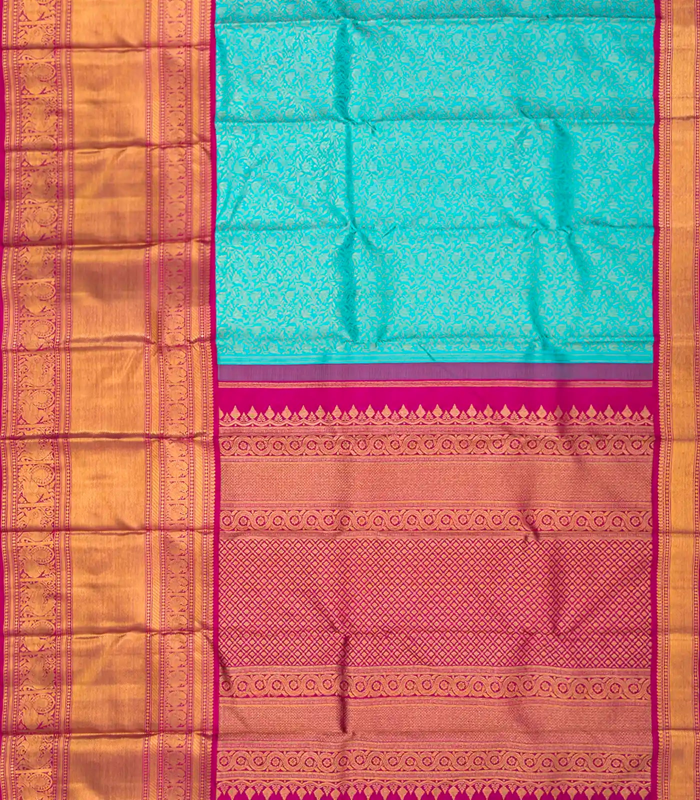 Turquoise Handloom Kanchipuram Korvai Silk Saree With Floral Vine Motifs-Turquoise