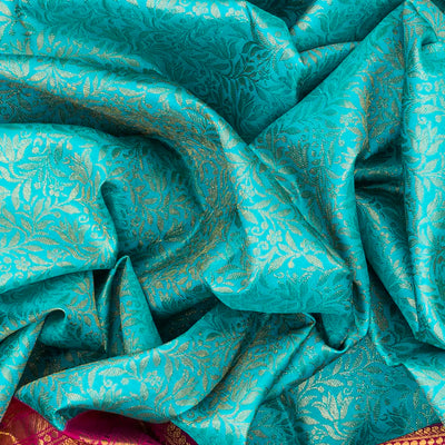 Turquoise Handloom Kanchipuram Korvai Silk Saree With Floral Vine Motifs-Turquoise
