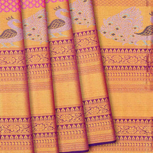 Bubble Gum Pink Handloom Kanchipuram Silk Saree With Floral Motifs-BubbleGum Pink