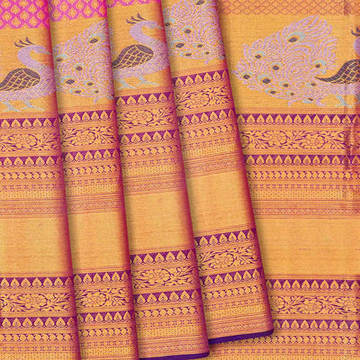 Bubble Gum Pink Handloom Kanchipuram Silk Saree With Floral Motifs-BubbleGum Pink