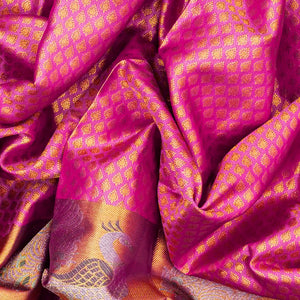 Bubble Gum Pink Handloom Kanchipuram Silk Saree With Floral Motifs-BubbleGum Pink