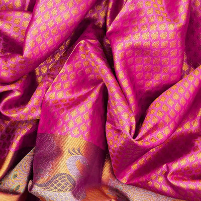 Bubble Gum Pink Handloom Kanchipuram Silk Saree With Floral Motifs-BubbleGum Pink