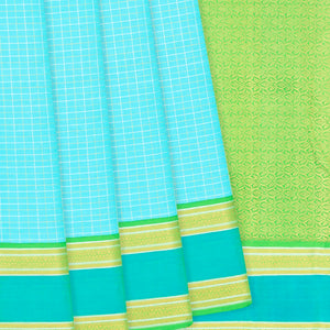 Turquoise Handloom Kanchipuram Silk Saree With Checks-Turquoise