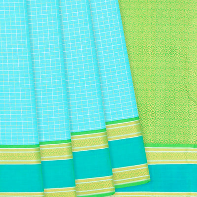 Turquoise Handloom Kanchipuram Silk Saree With Checks-Turquoise