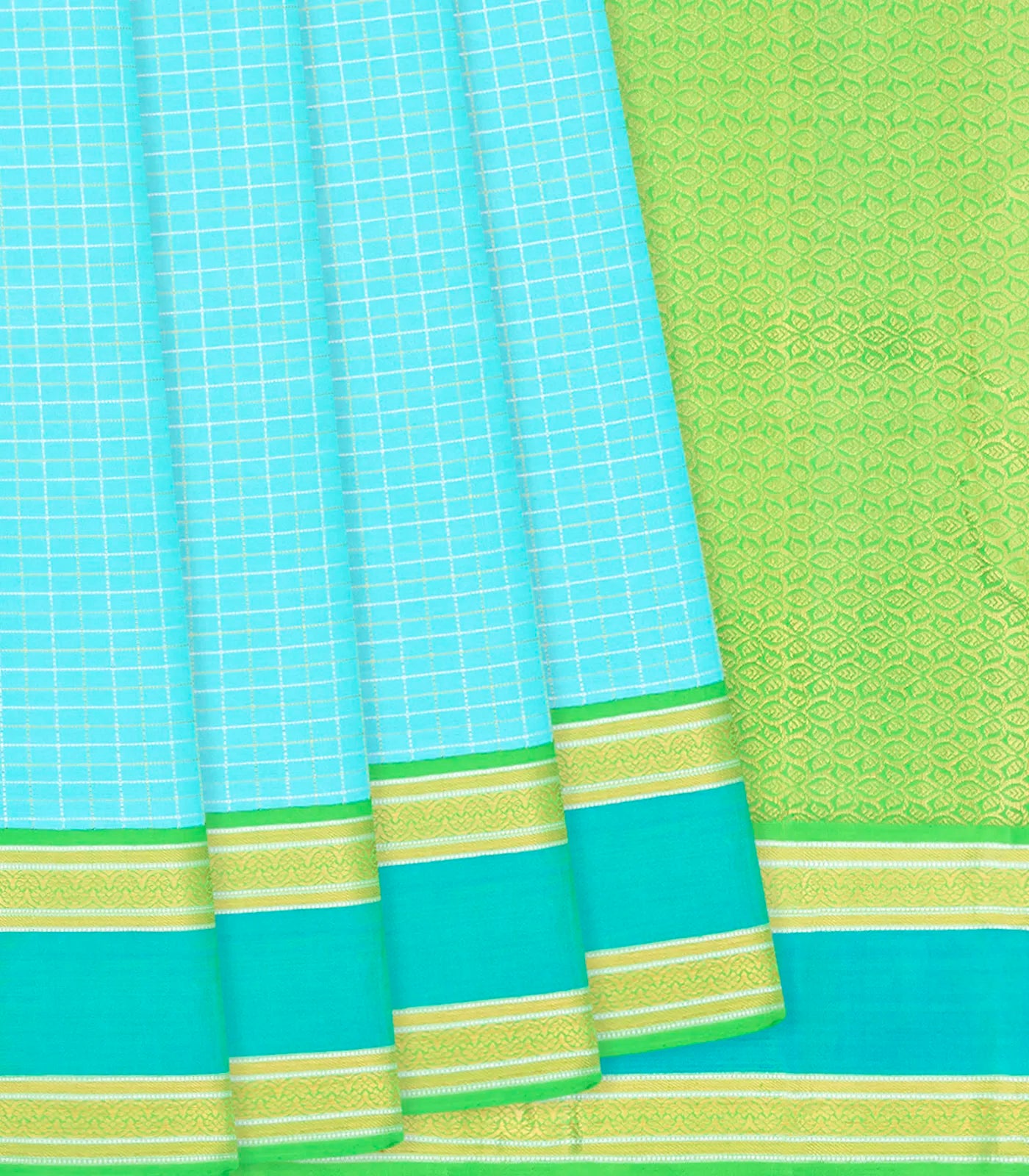 Turquoise Handloom Kanchipuram Silk Saree With Checks-Turquoise
