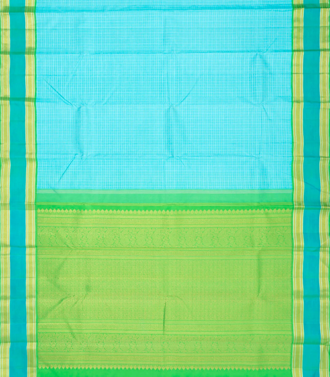 Turquoise Handloom Kanchipuram Silk Saree With Checks-Turquoise