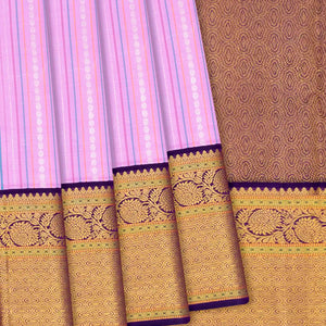 Lavender Handloom Kanchipuram Korvai Silk Saree With Stripes-Lavander
