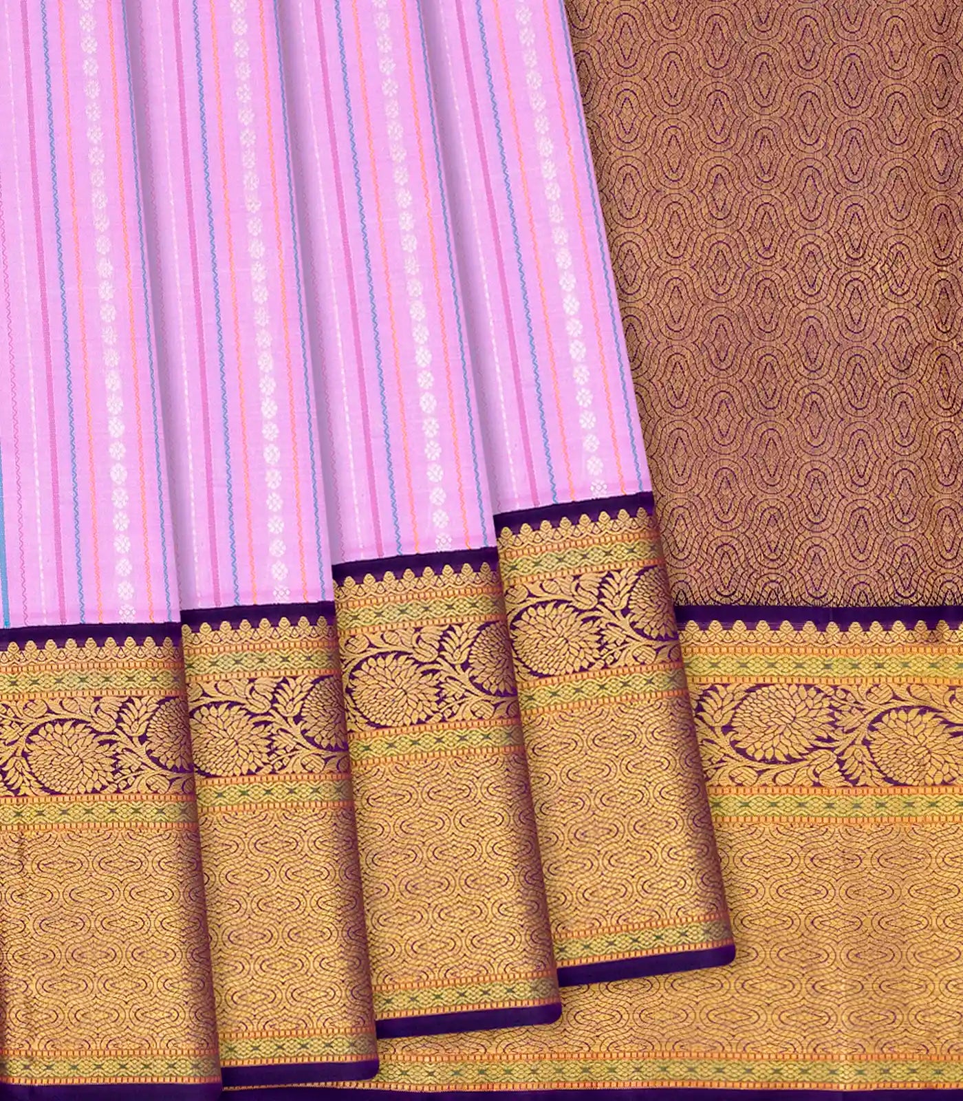 Lavender Handloom Kanchipuram Korvai Silk Saree With Stripes-Lavander