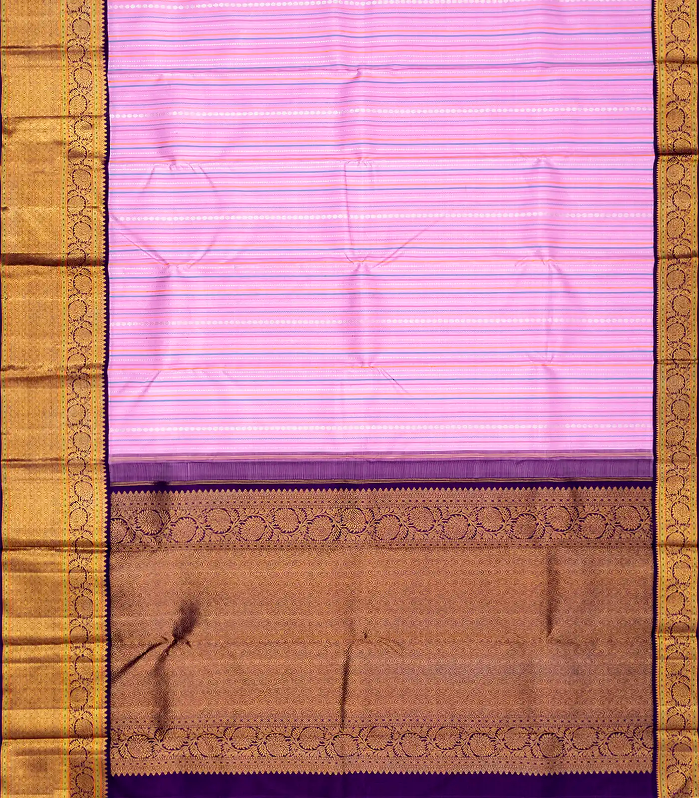 Lavender Handloom Kanchipuram Korvai Silk Saree With Stripes-Lavander