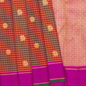 Rust Handloom Kanchipuram Silk Saree With Checks & Annam Buttas-Rust