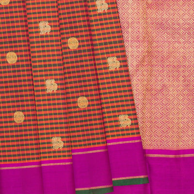 Rust Handloom Kanchipuram Silk Saree With Checks & Annam Buttas-Rust