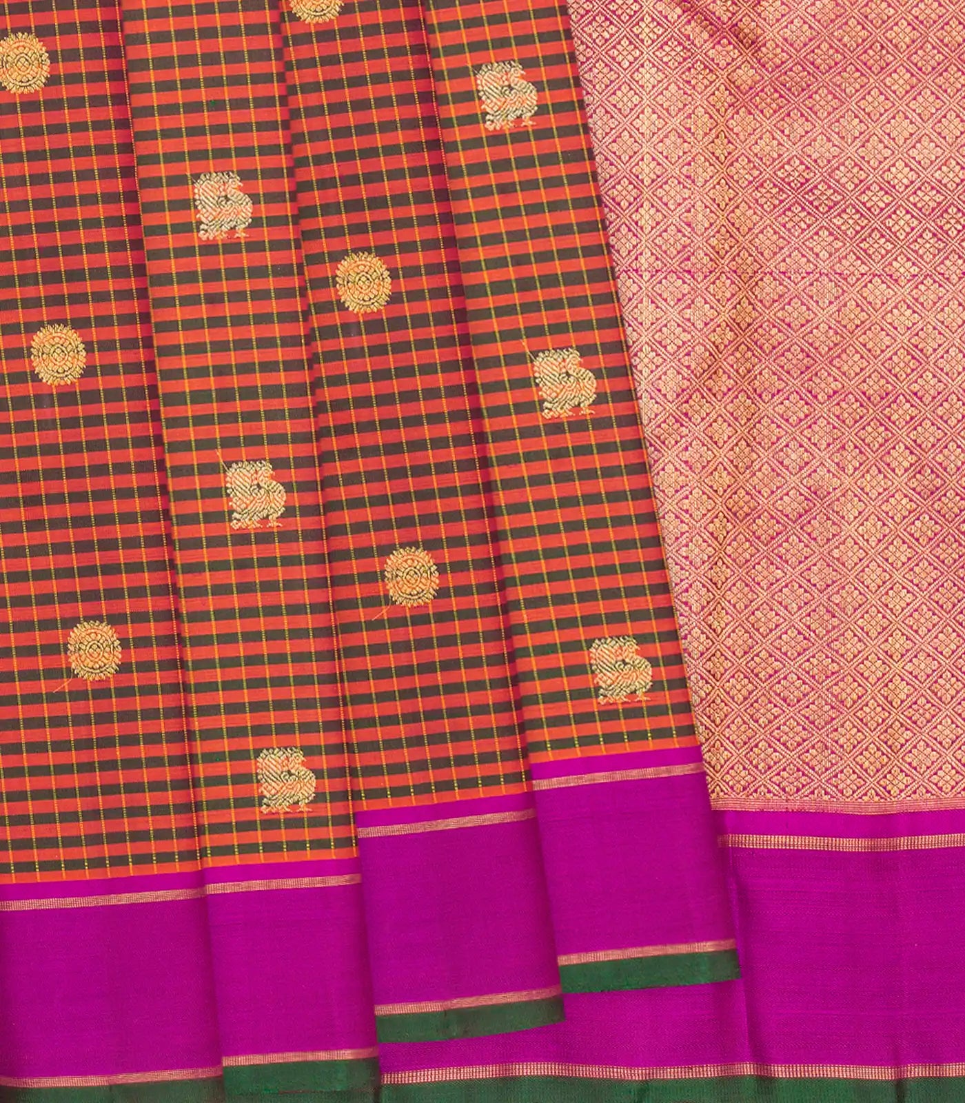 Rust Handloom Kanchipuram Silk Saree With Checks & Annam Buttas-Rust
