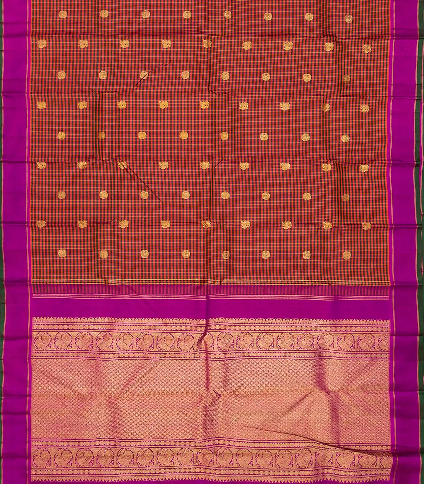 Rust Handloom Kanchipuram Silk Saree With Checks & Annam Buttas-Rust
