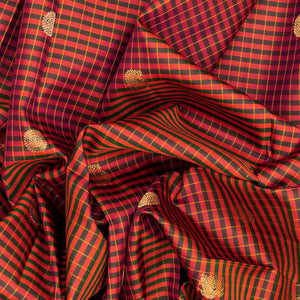 Rust Handloom Kanchipuram Silk Saree With Checks & Annam Buttas-Rust