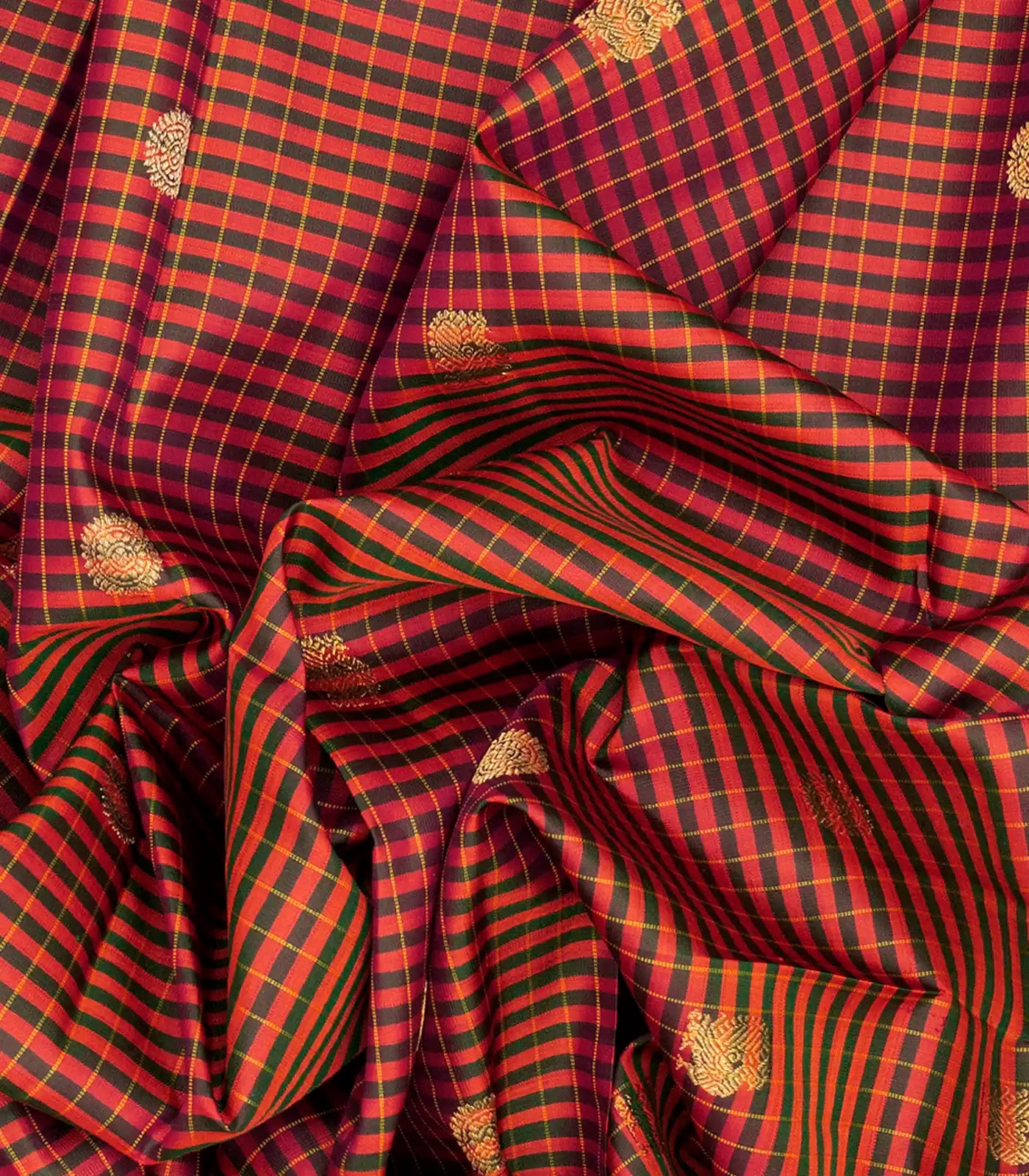 Rust Handloom Kanchipuram Silk Saree With Checks & Annam Buttas-Rust