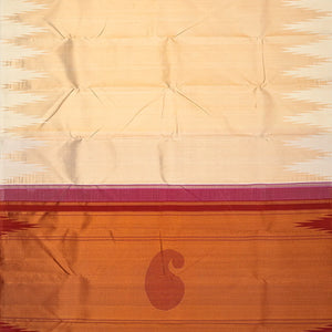 Cream Handloom Kanchipuram Korvai Silk Saree With Temple Border-Cream