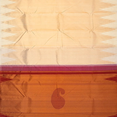 Cream Handloom Kanchipuram Korvai Silk Saree With Temple Border-Cream