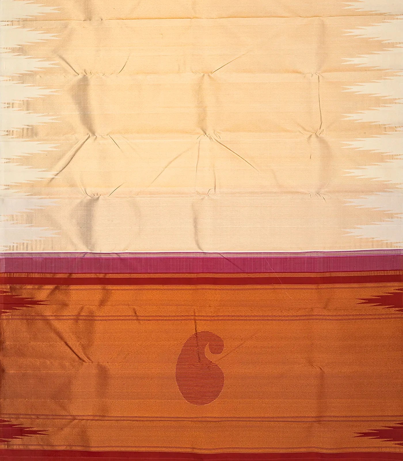 Cream Handloom Kanchipuram Korvai Silk Saree With Temple Border-Cream