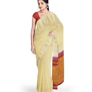 Cream Handloom Kanchipuram Korvai Silk Saree With Temple Border-Cream