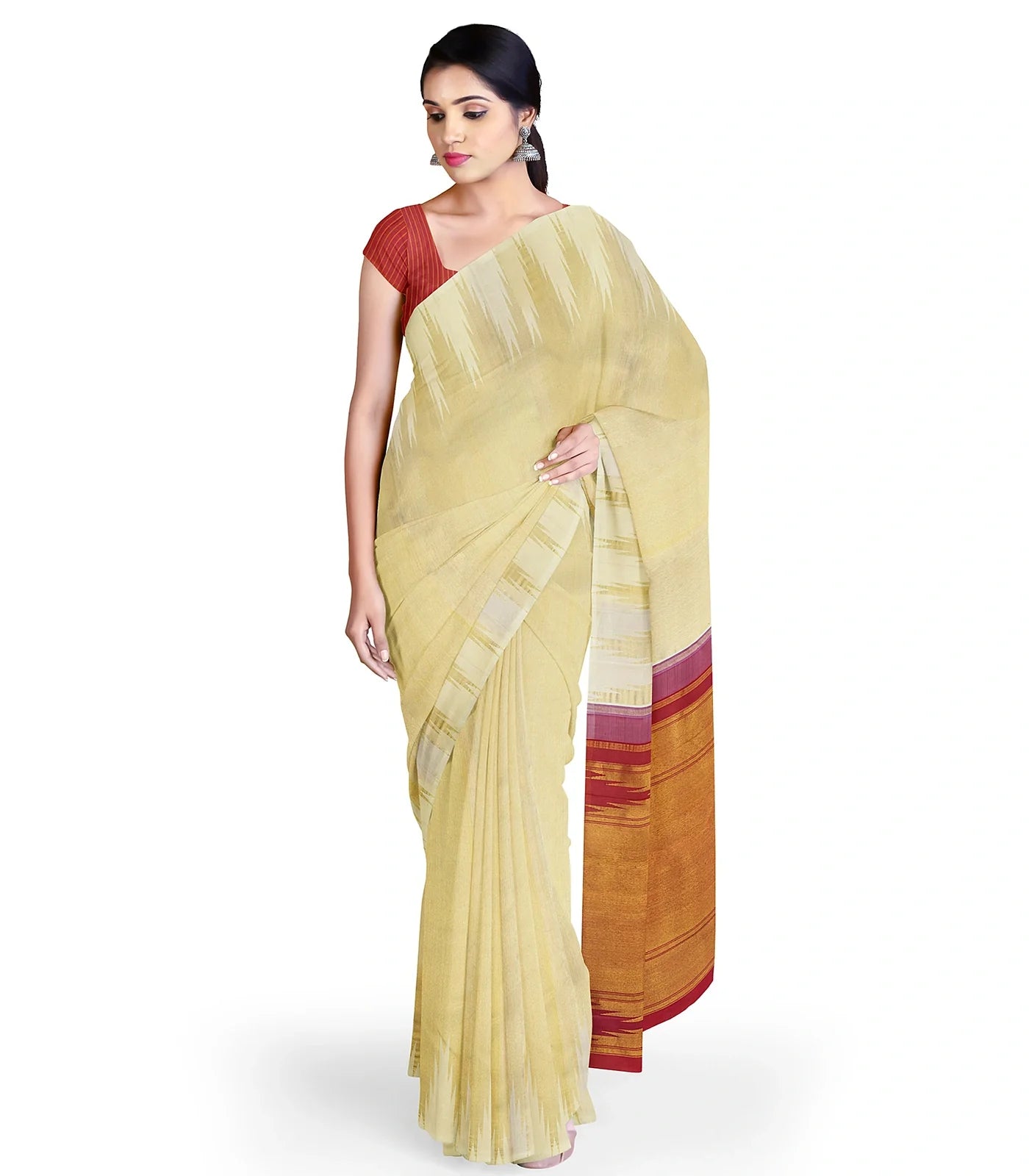 Cream Handloom Kanchipuram Korvai Silk Saree With Temple Border-Cream