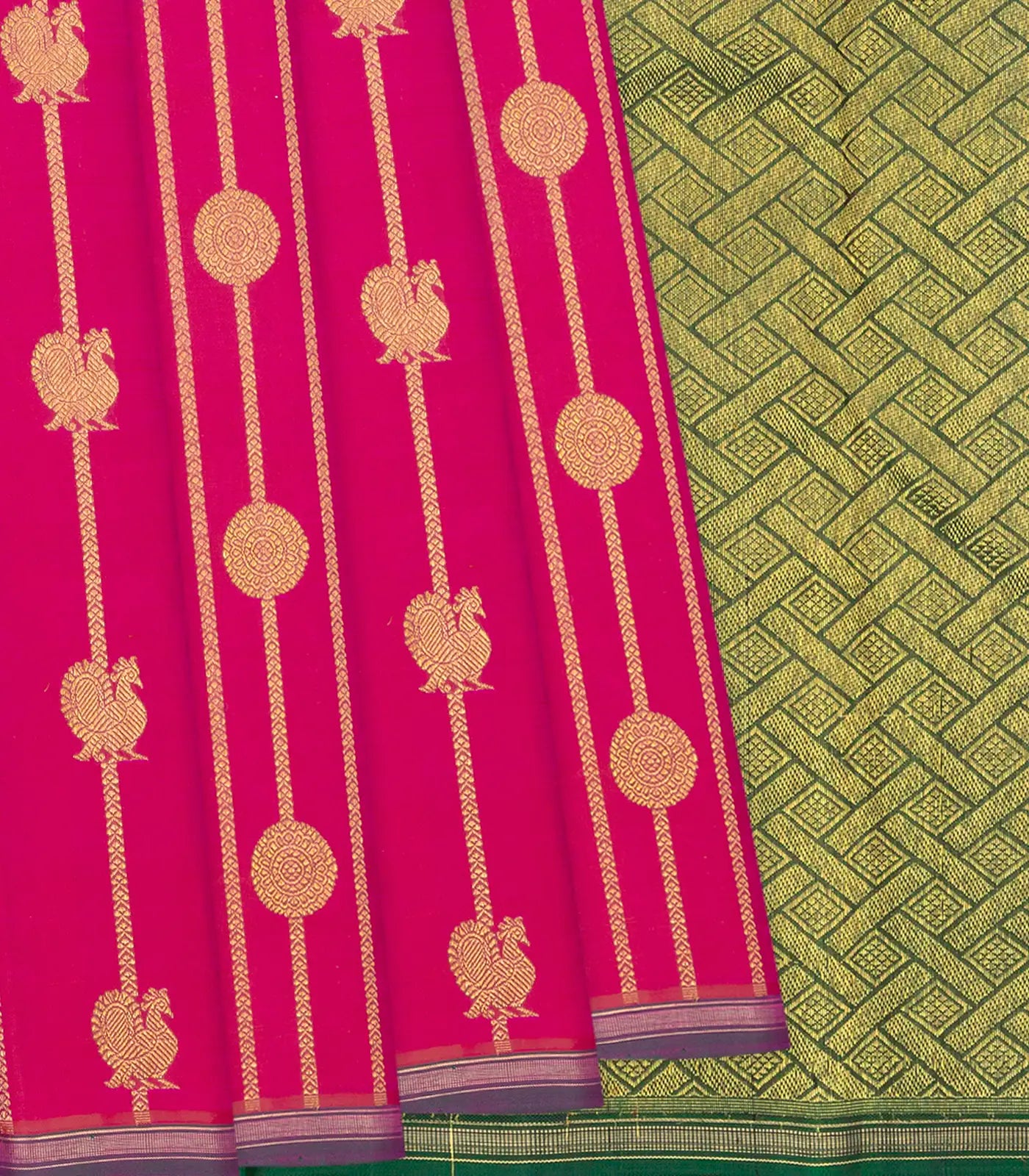 Pink Handloom Kanchipuram Silk Saree With Annam Motif Stripes-Pink
