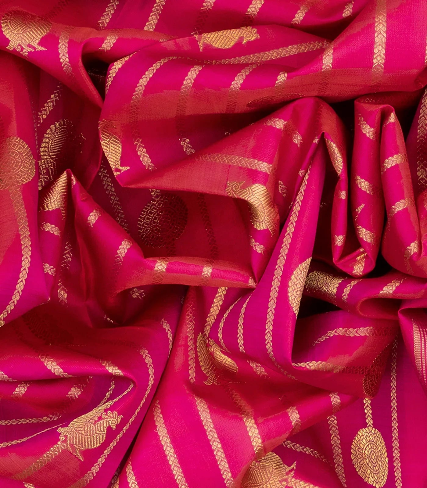Pink Handloom Kanchipuram Silk Saree With Annam Motif Stripes-Pink