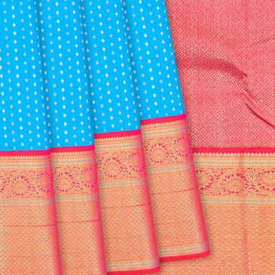 Sky Blue Handloom Kanchipuram Silk Saree With Diamond Motifs-Sky Blue