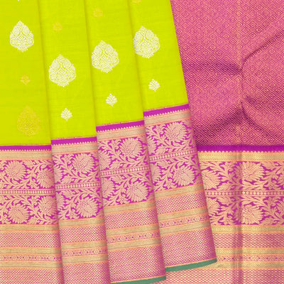 Neon Green Handloom Kanchipuram Korvai Silk Saree With Floral Motifs-Neon Green