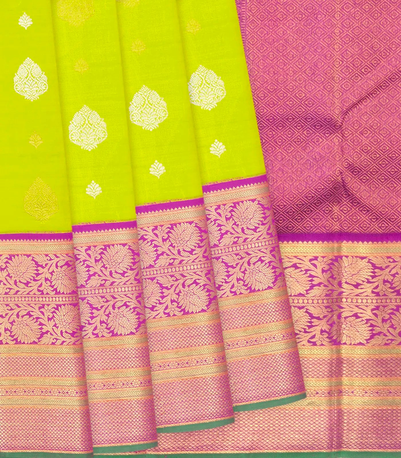 Neon Green Handloom Kanchipuram Korvai Silk Saree With Floral Motifs-Neon Green