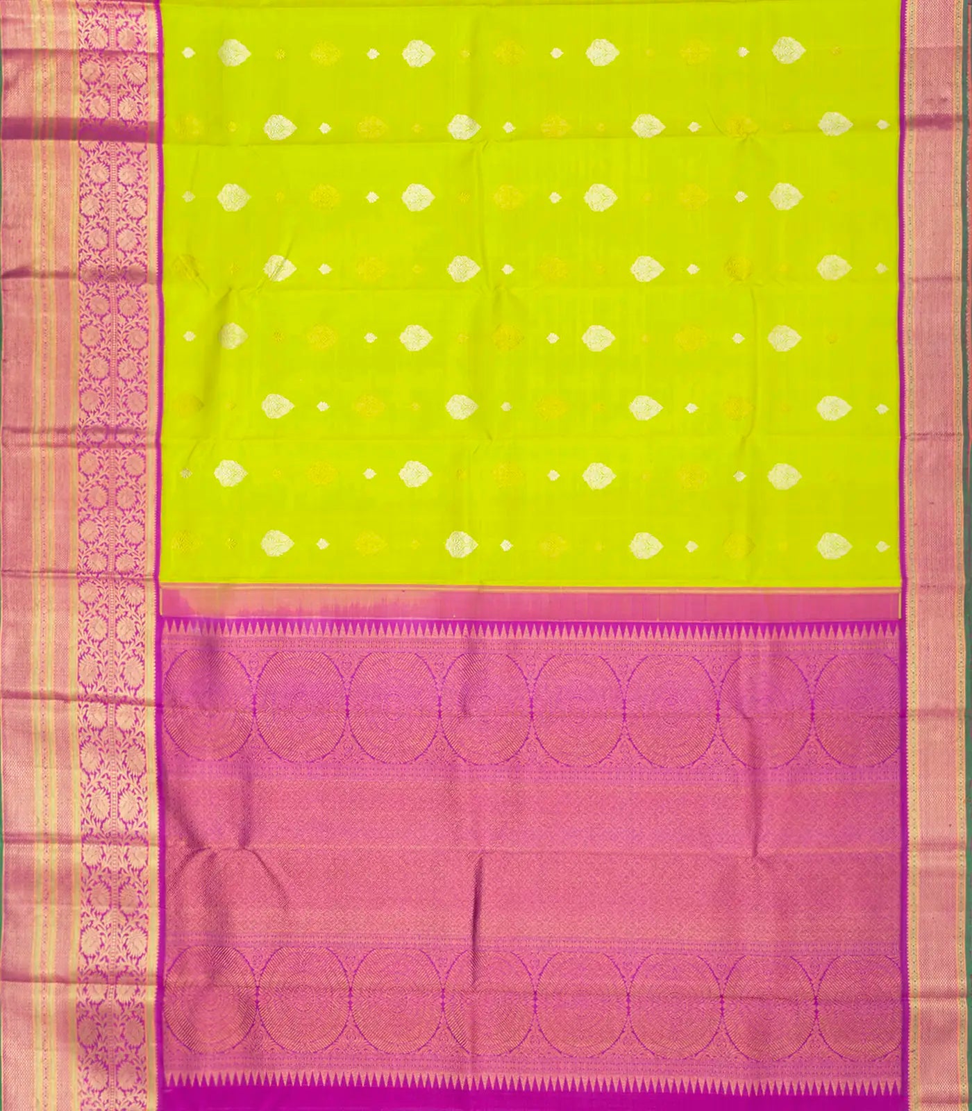 Neon Green Handloom Kanchipuram Korvai Silk Saree With Floral Motifs-Neon Green