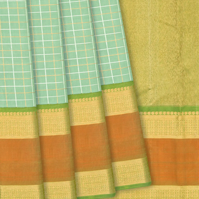 Mint Green Handloom Kanchipuram Silk Saree With Dual Checks-Mint Green