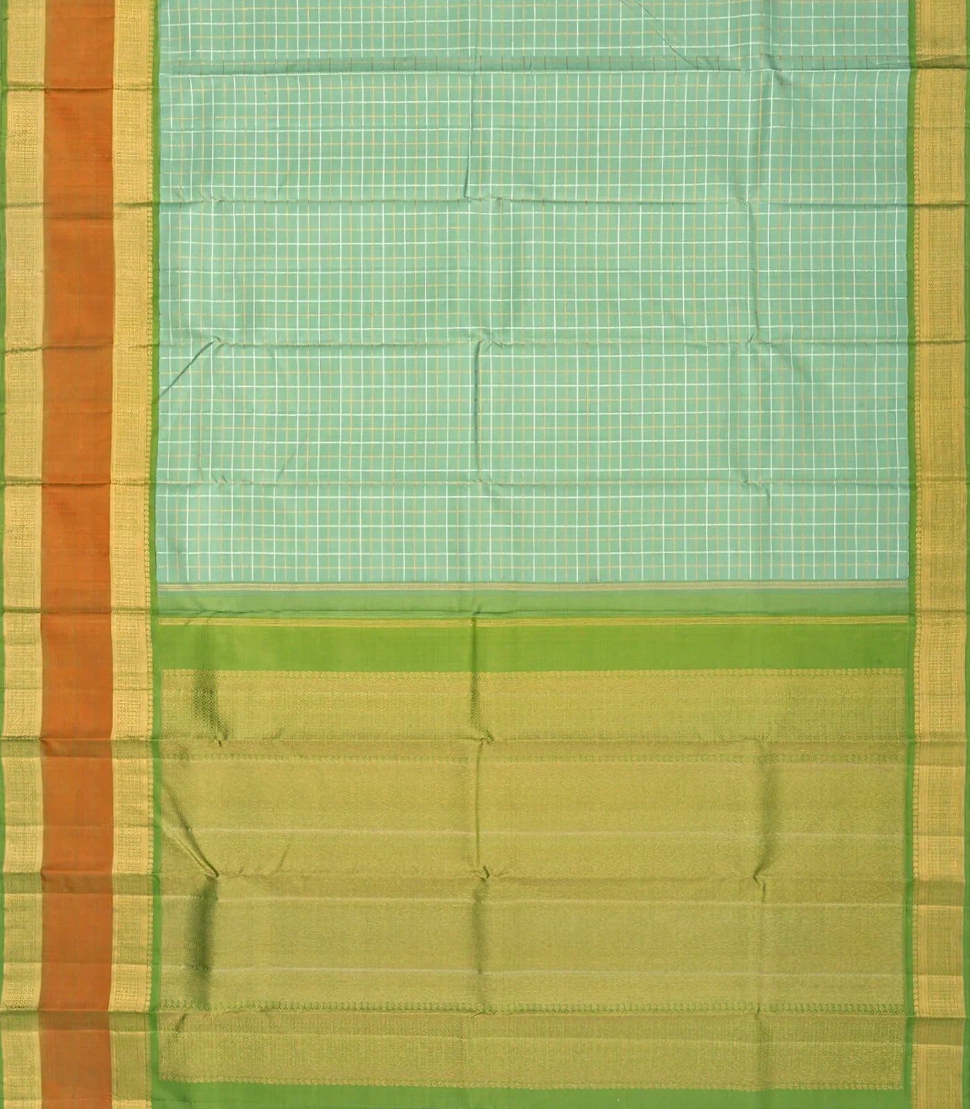 Mint Green Handloom Kanchipuram Silk Saree With Dual Checks-Mint Green