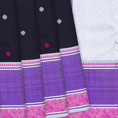 Black Handloom Kanchipuram Korvai Silk Saree With Floral Motifs-Black