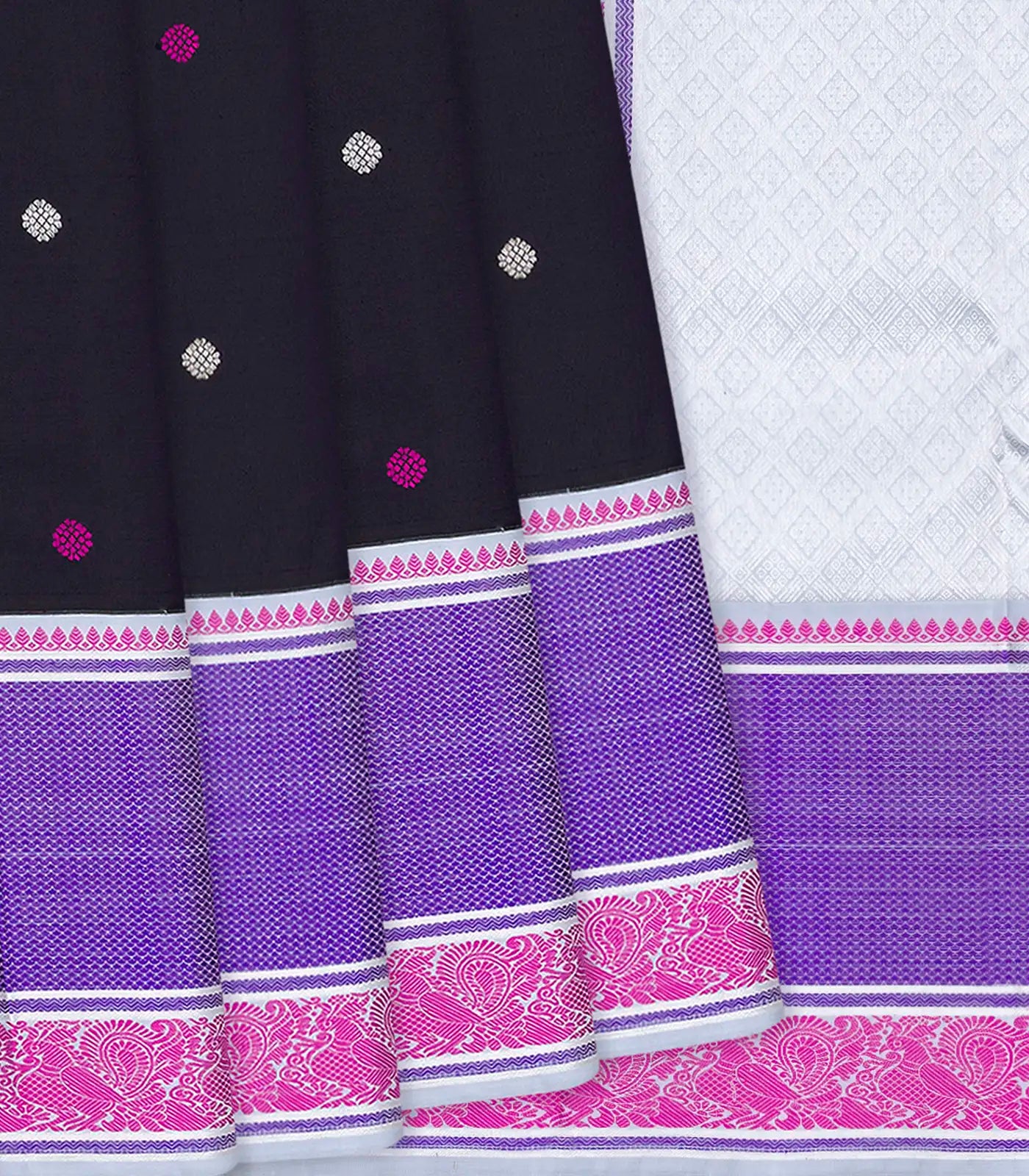 Black Handloom Kanchipuram Korvai Silk Saree With Floral Motifs-Black