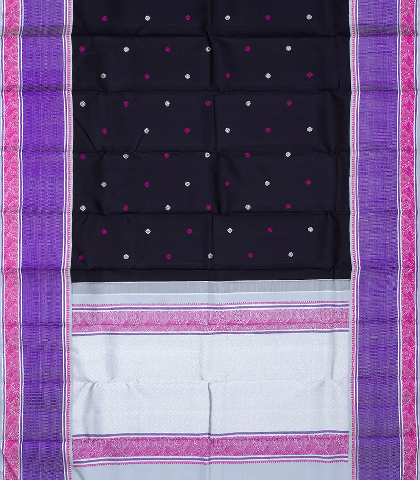 Black Handloom Kanchipuram Korvai Silk Saree With Floral Motifs-Black