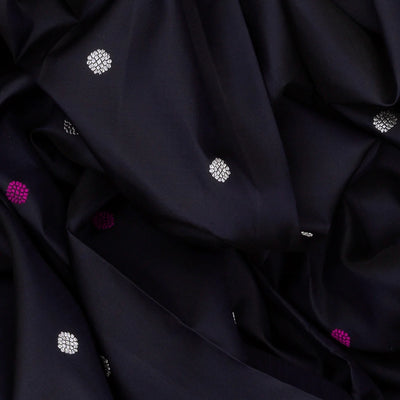 Black Handloom Kanchipuram Korvai Silk Saree With Floral Motifs-Black