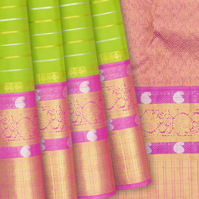 Green Handloom Kanchipuram Silk Saree With Zari Stripes -Green