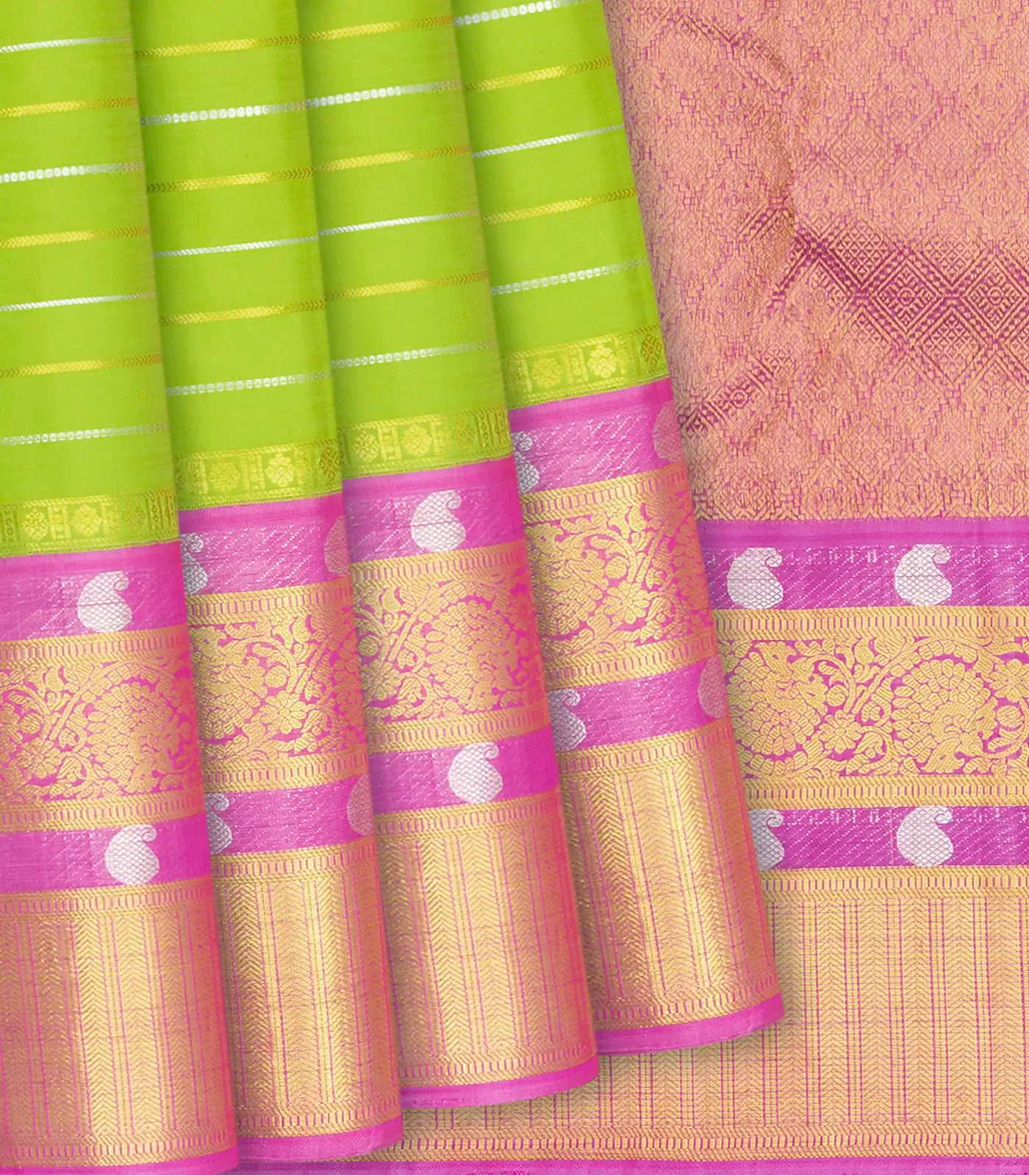 Green Handloom Kanchipuram Silk Saree With Zari Stripes -Green