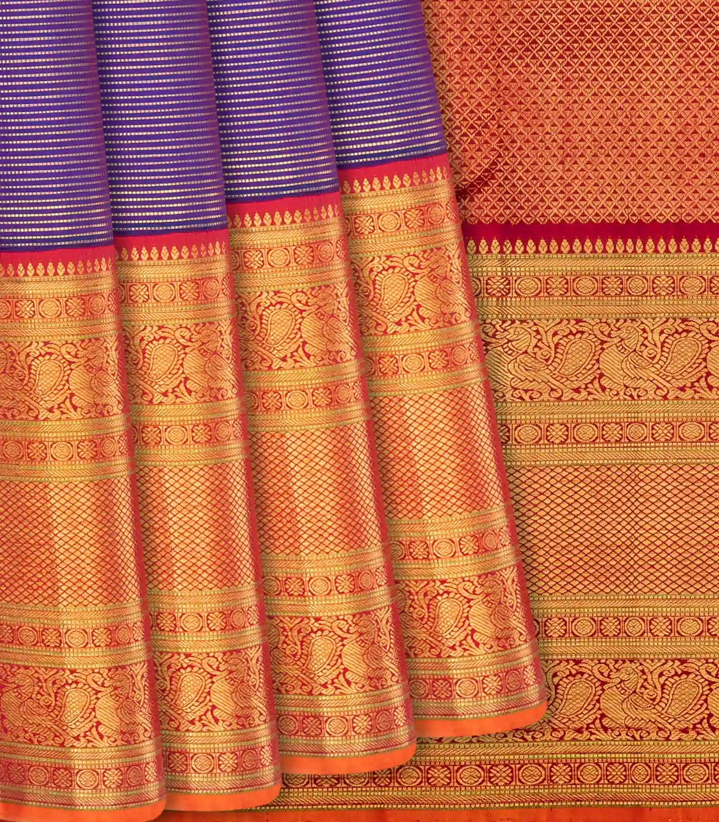 Purple Handloom Kanchipuram Vairaoosi Korvai Silk Saree -Purple