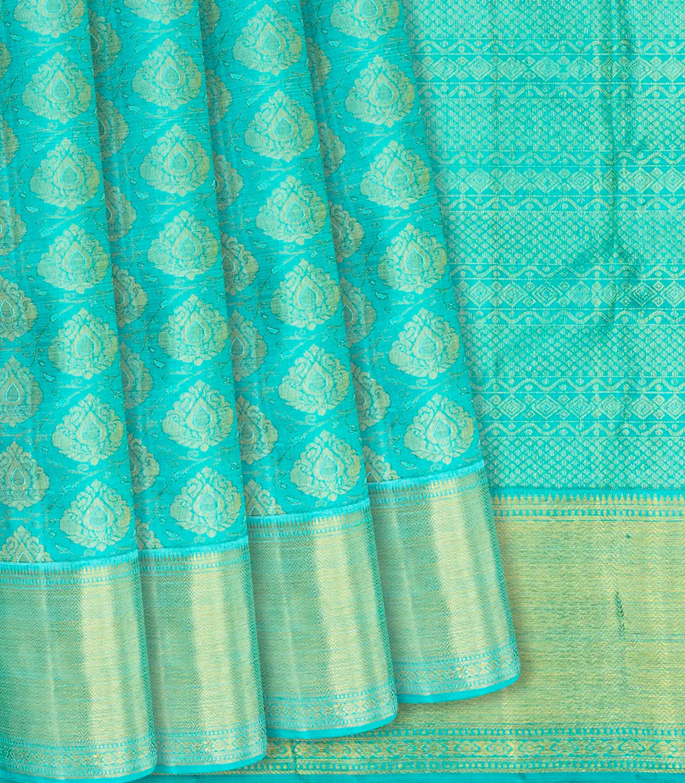 Turquoise Handloom Kanchipuram Silk Saree With Floral Motifs-Turquoise