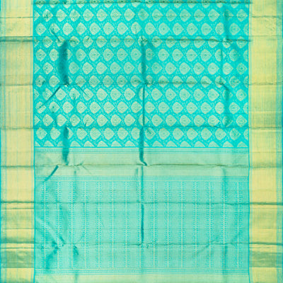 Turquoise Handloom Kanchipuram Silk Saree With Floral Motifs-Turquoise